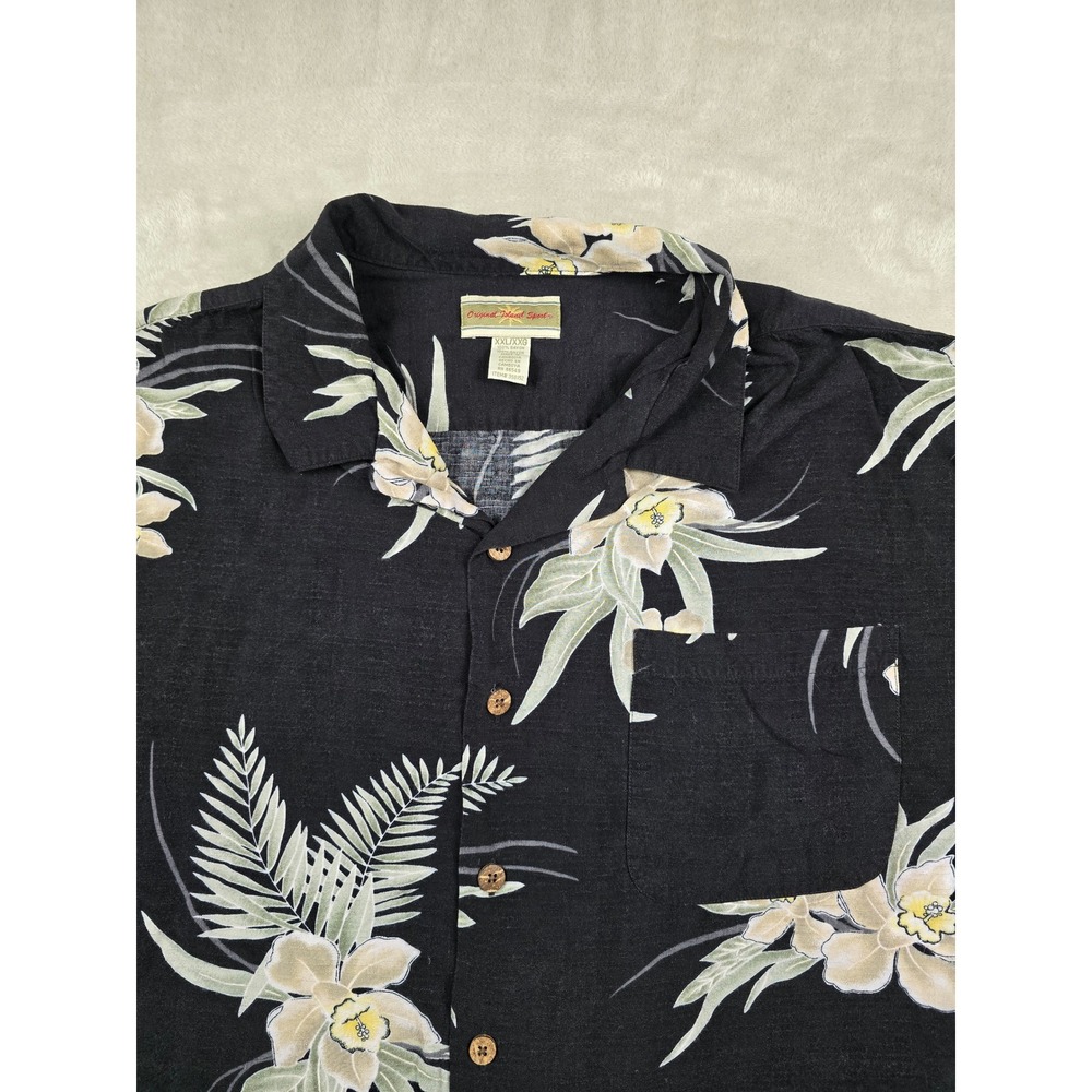 Original Island Sport Button Up Shirt Mens XXL Black Floral Rayon Hawaiian S/S